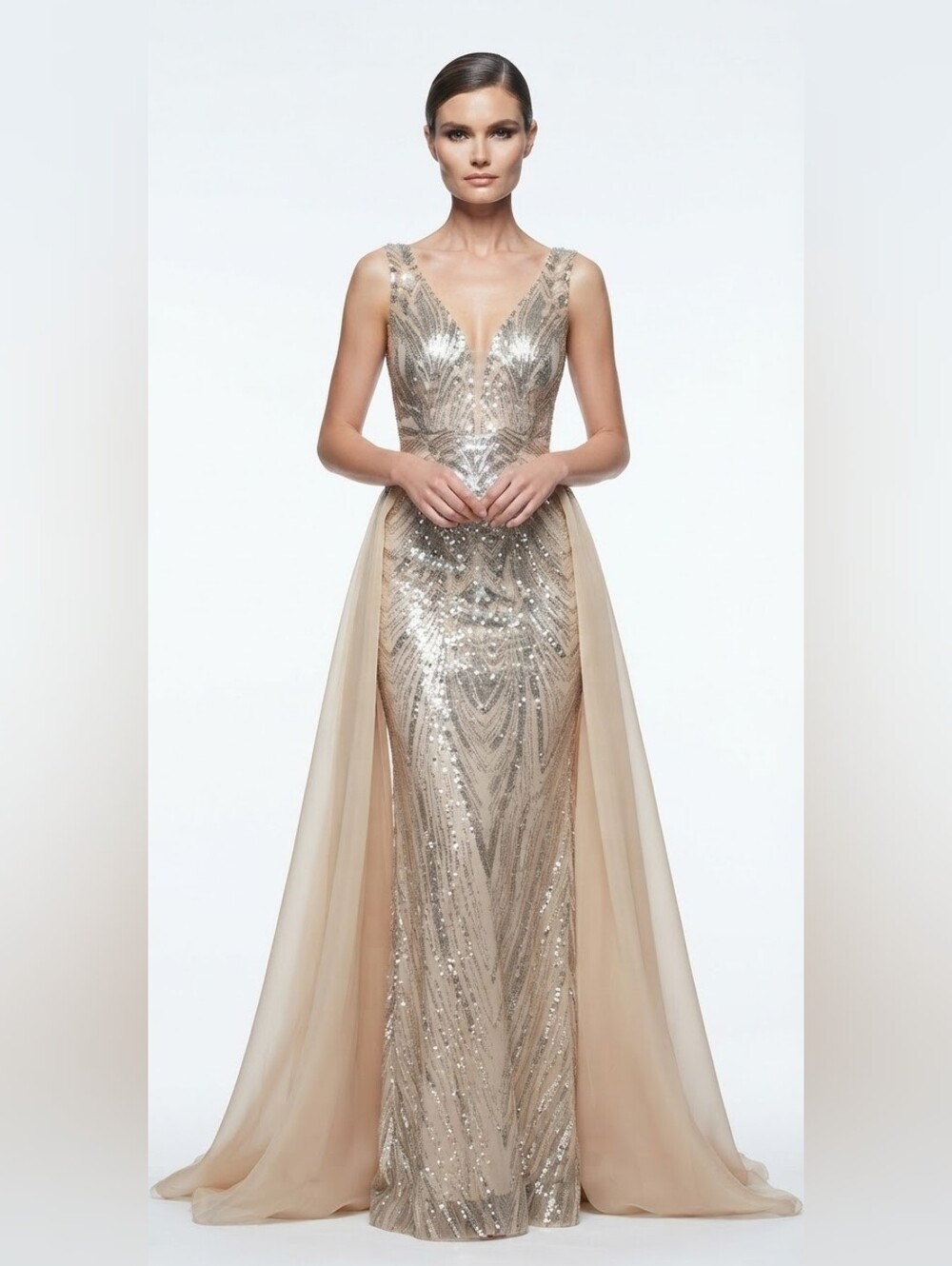 Gold, Double V, Beaded Back,  Draped Skirt,  Contrast Sequined Mermaid Gown